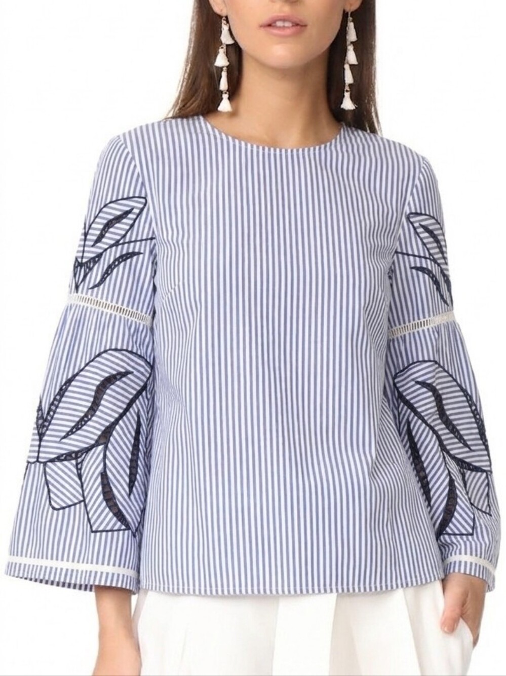 Tanya Taylor Martine Poplin Top Blue Size 8 Embroidered Striped Coastal Nautical